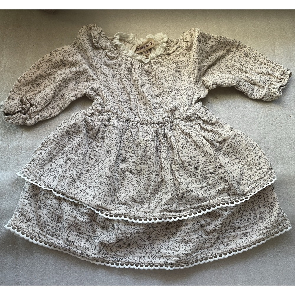 Bearpaw  Cotton Dress Girls 18 Mos Beige Floral Long Sleeve‎ Layered Lace Trim